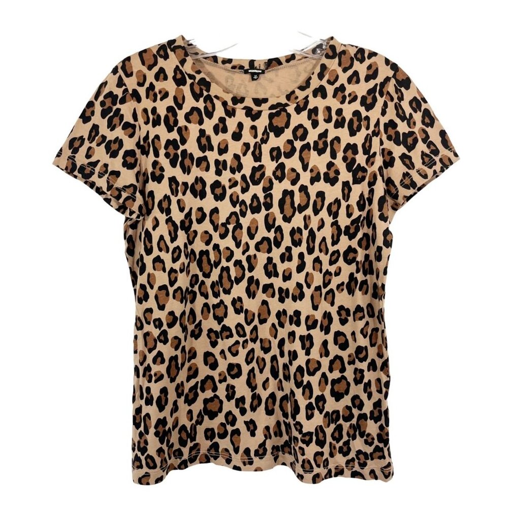 Monrow Brown Leopard Print Short Sleeve Shirt Crewneck Cotton - Size Medium